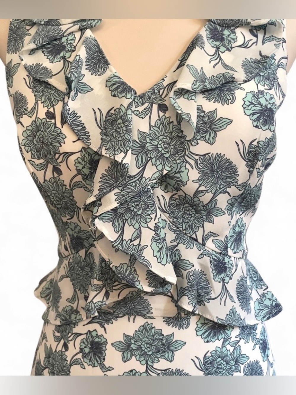 GB Gianni Bini Floral Ruffle V-Neck Peplum Mini Dress Size L Green White - Picture 2 of 9